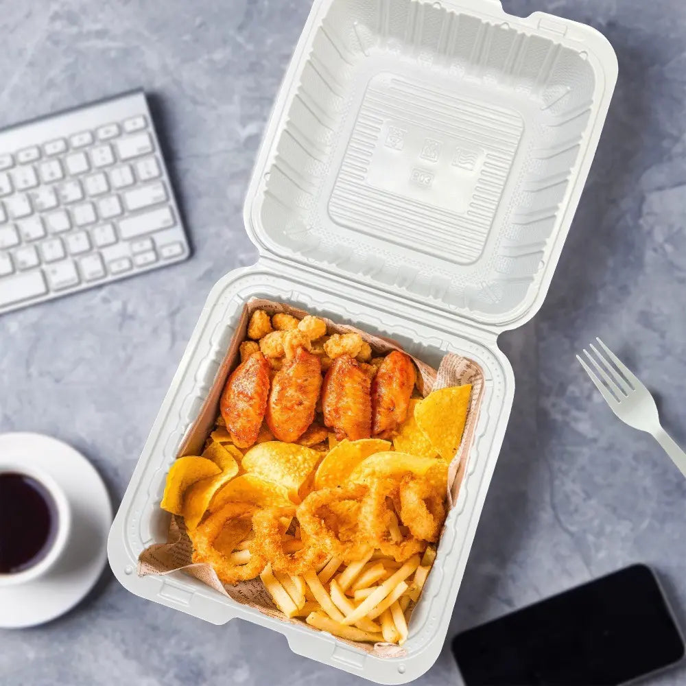 [150ct] 8" x 8" Mineral Filled PP Hinged Containers | White