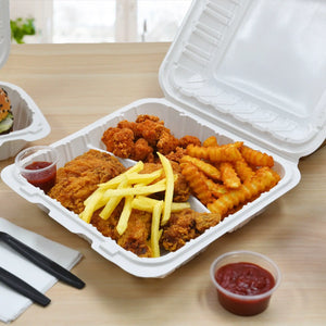 [150ct] 8"x 8" Mineral-Filled  PP Hinged Food Containers | 3-Compartment | White