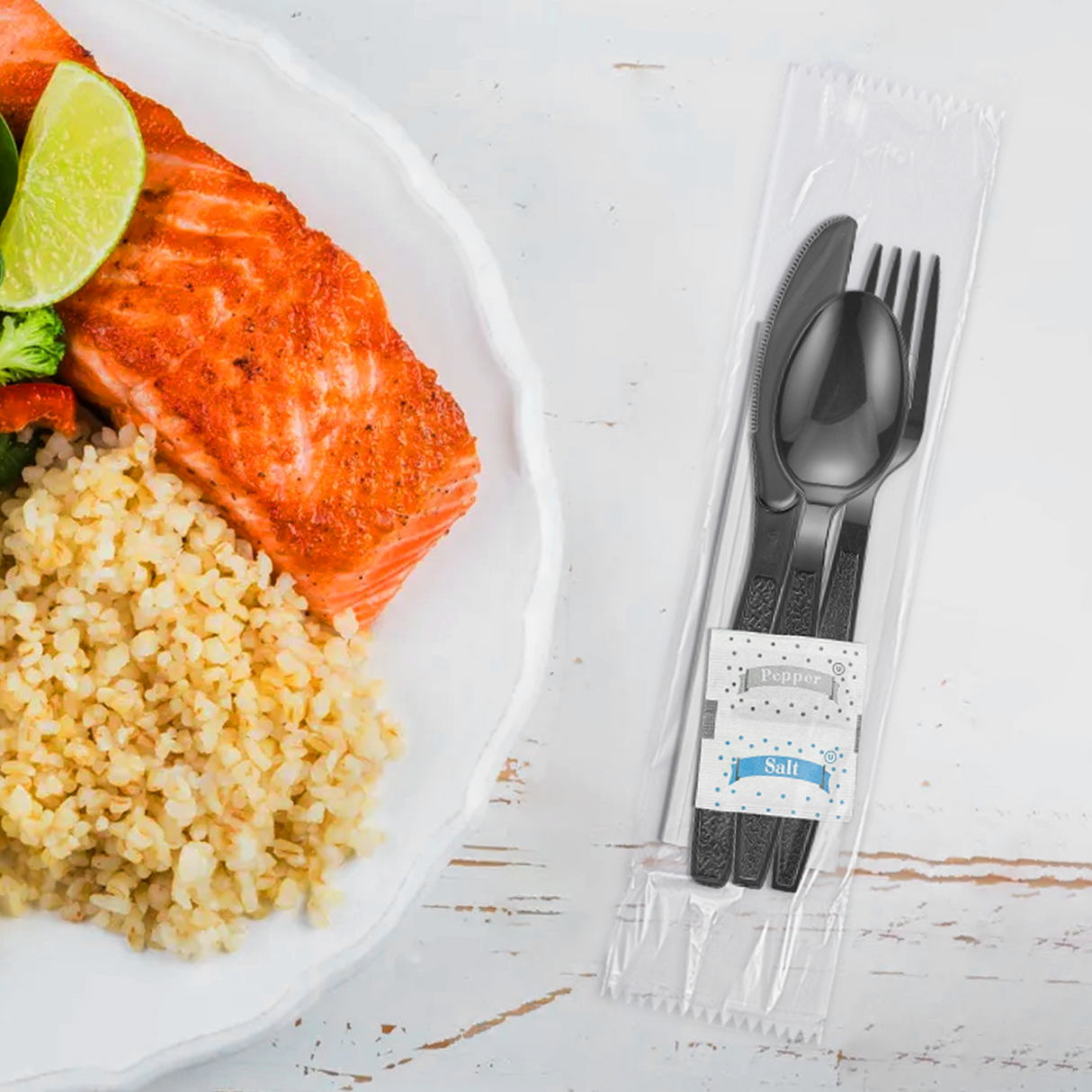 [250ct] PS Plastic Heavy Weight Texture Cutlery Kits with Salt and Pepper | Black