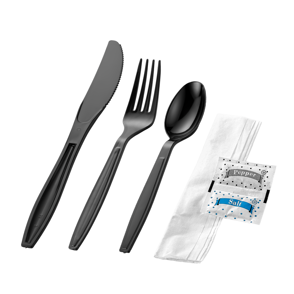 [250ct] PS Plastic Heavy Weight  Cutlery Kits with Salt and Pepper | Black