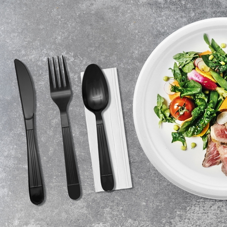 [250ct] PP Plastic Heavy Weight Cutlery Kits(Knife, Fork, Tea Spoon, Napkin) | Black