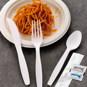 [250ct] PP Plastic Extra Heavy Weight Cutlery Kit with Salt and Pepper | White