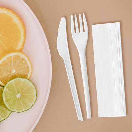 [250ct] PLA Heavy Weight Cutlery Kits (Knife, Fork, Napkin) | White