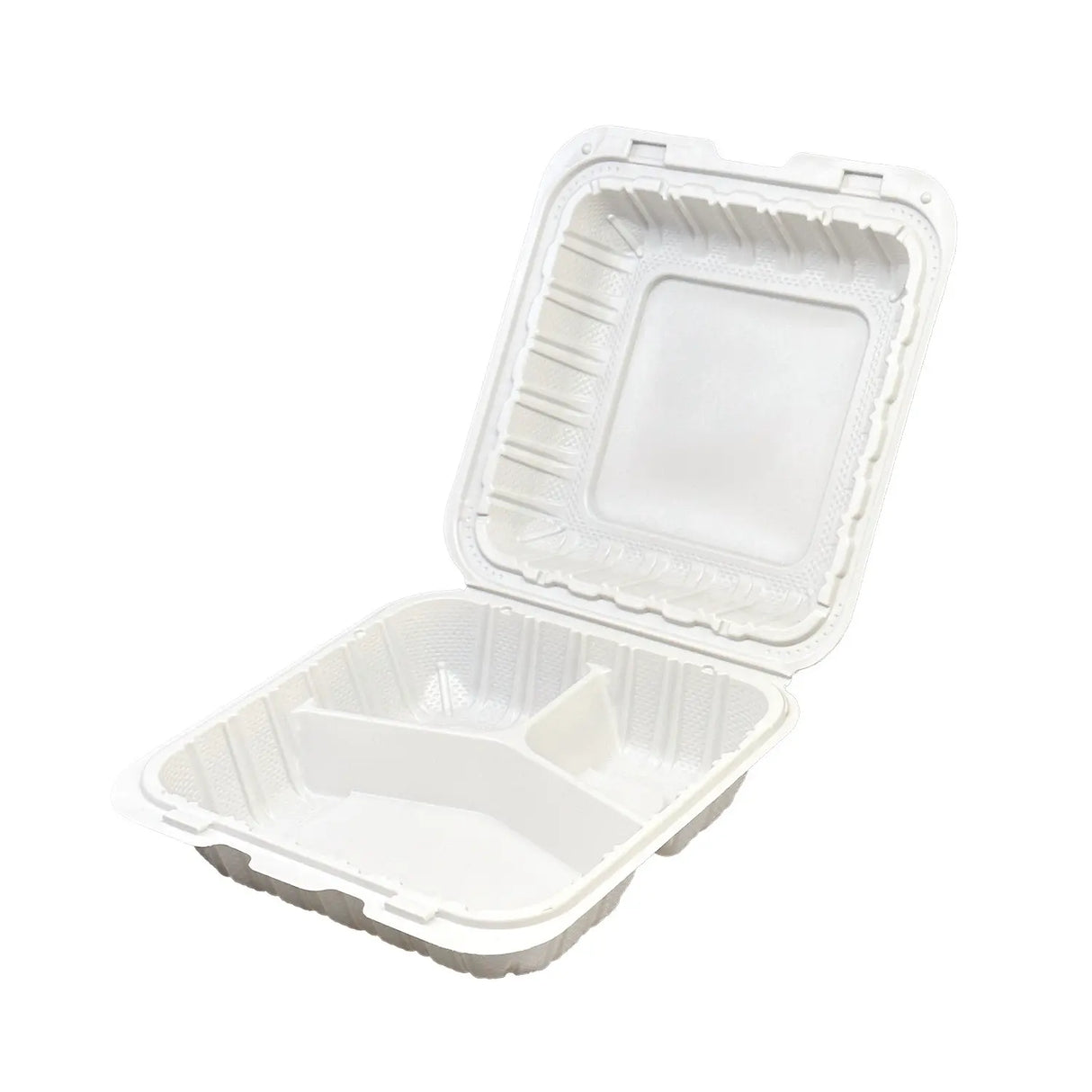 [150ct] 8"x 8" Mineral-Filled  PP Hinged Food Containers | 3-Compartment | White