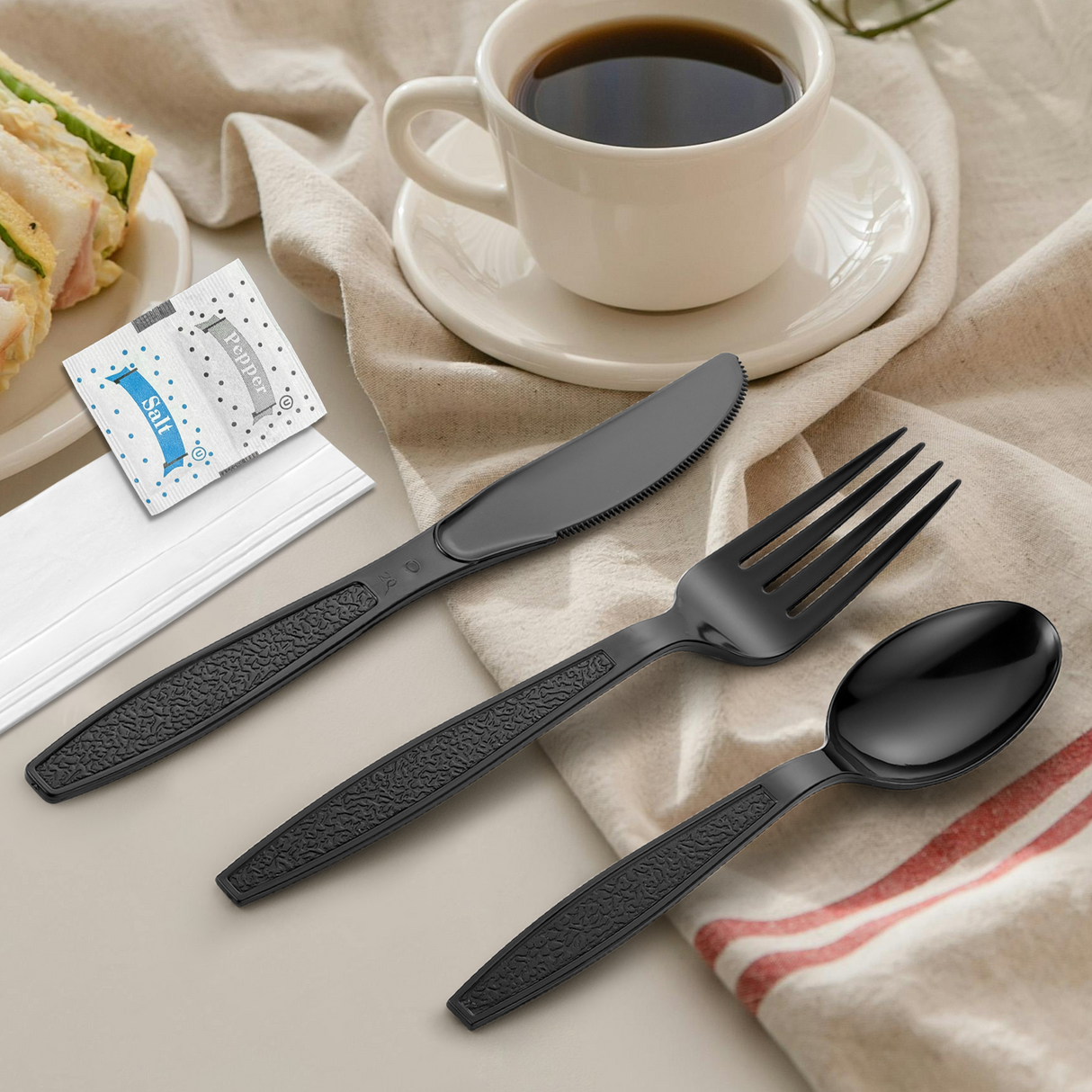 [250ct] PS Plastic Heavy Weight Texture Cutlery Kits with Salt and Pepper | Black