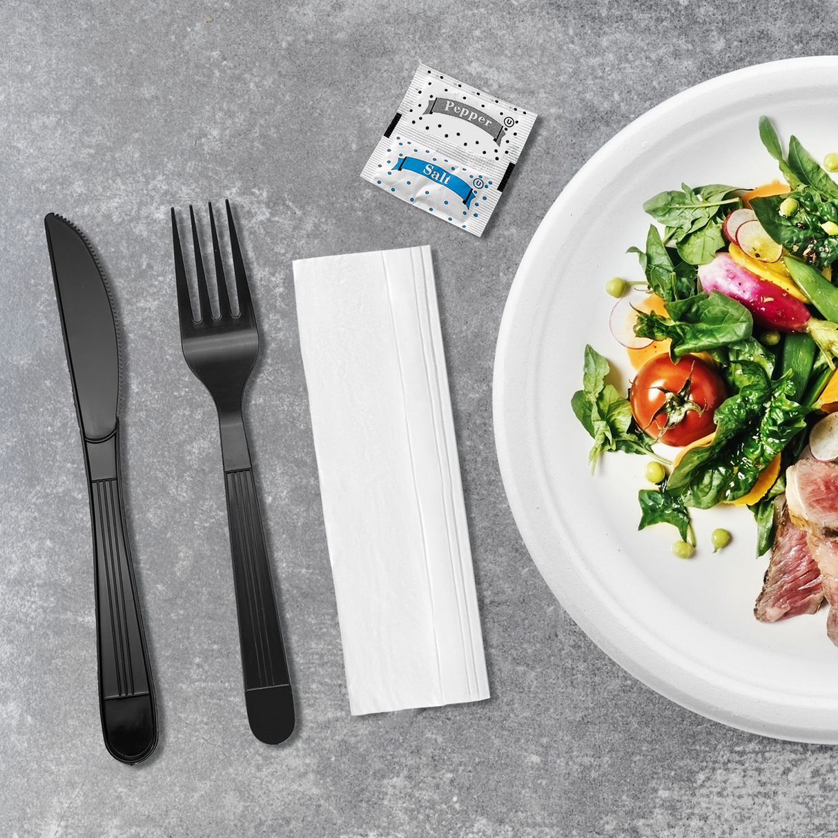 [250ct] PP Plastic Heavy Weight Cutlery Kits(Knife, Fork, Napkin, Salt and Pepper) | Black