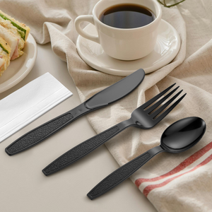 [500ct] PS Plastic Heavy Weight Cutlery Kits (Knife, Fork, Tea Spoon, Napkin) | Black