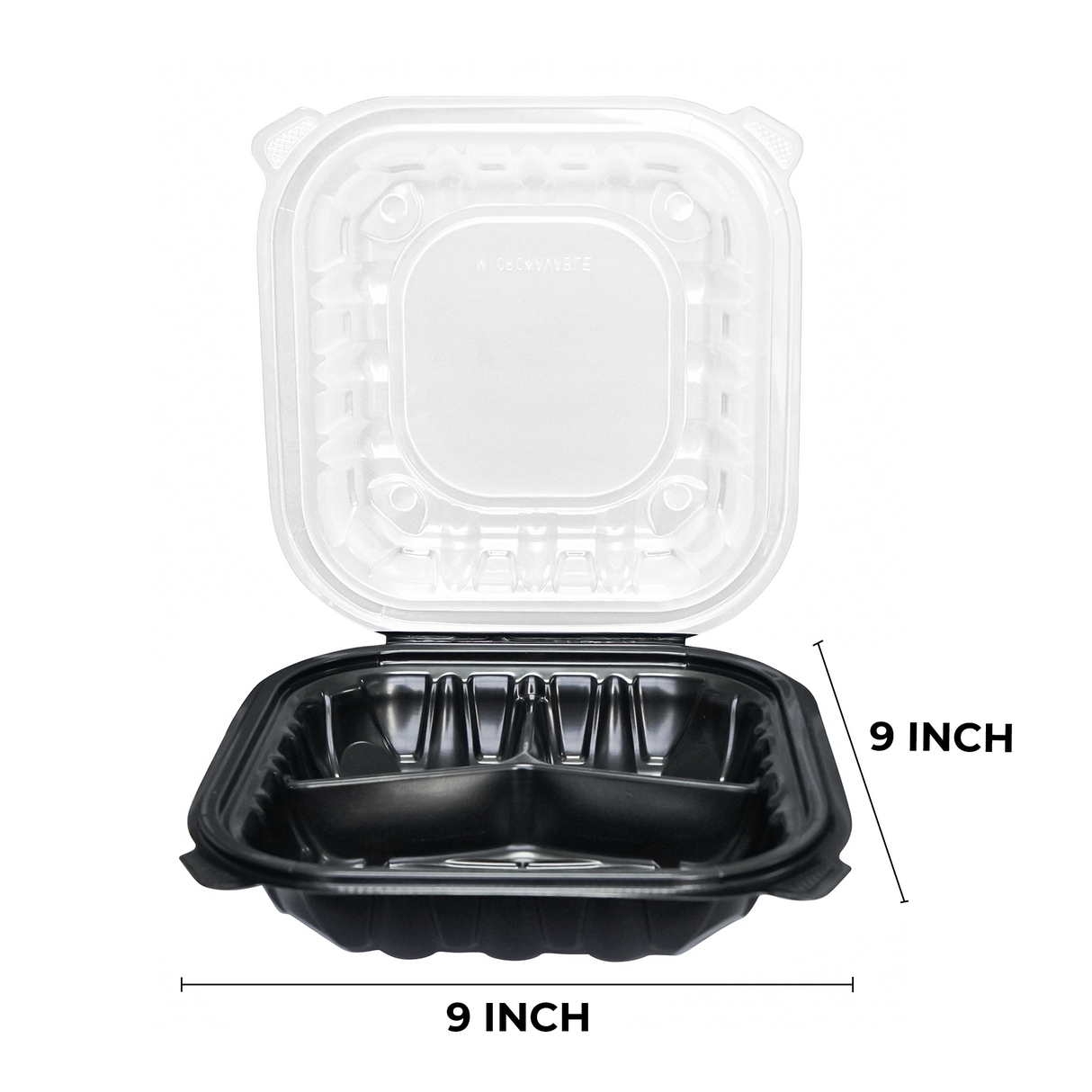 [100ct] 9" x 9"  Premium PP Hinged Food Containers | 3-Compartment | Clear and Black