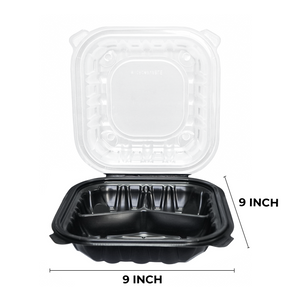 [100ct] 9" x 9"  Premium PP Hinged Food Containers | 3-Compartment | Clear and Black