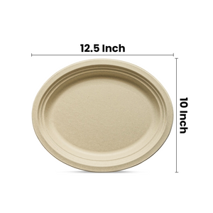[500ct] 12.5" x 10" Compostable Bagasse Plates | Oval | Natural