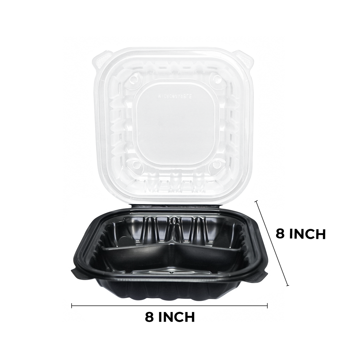 [100ct] 8" x 8"  Premium PP Hinged Food Containers | 3-Compartment | Clear and Black