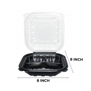 [100ct] 8" x 8"  Premium PP Hinged Food Containers | 3-Compartment | Clear and Black
