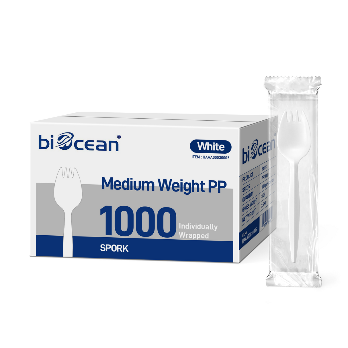 [1,000ct] PP Plastic Medium Weight Wrapped Spork | White