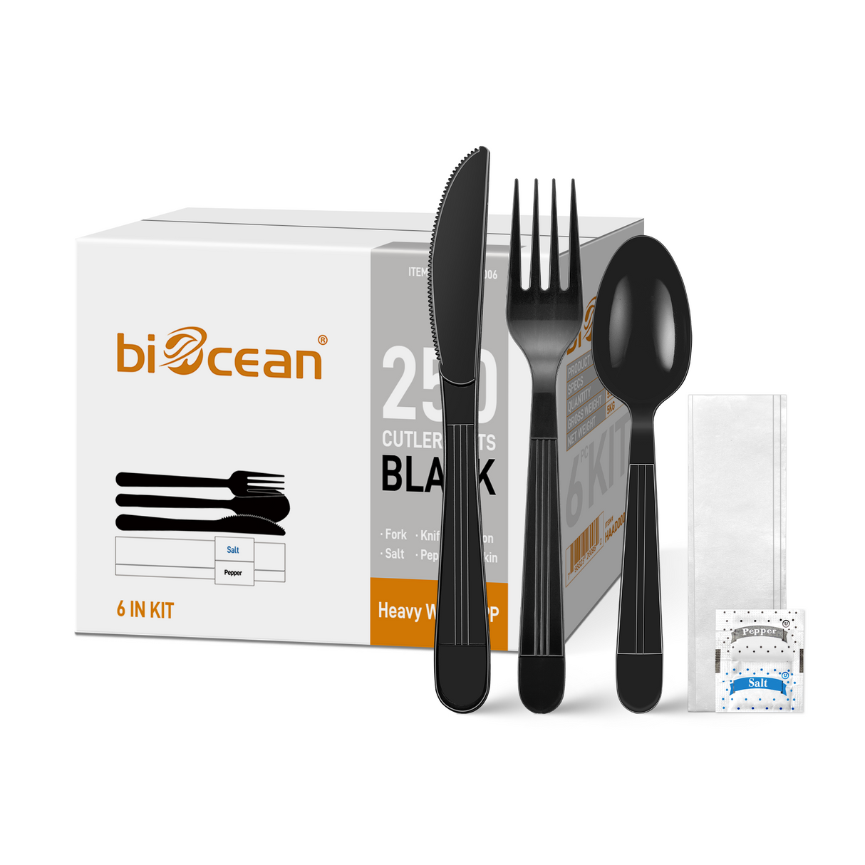 [250ct] PP Plastic Heavy Weight Cutlery Kits with Salt and Pepper | Black