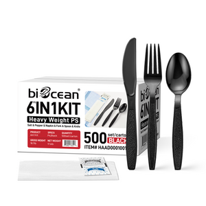 [500ct] PS Plastic Heavy Weight Cutlery Kits with Salt and Pepper | Black
