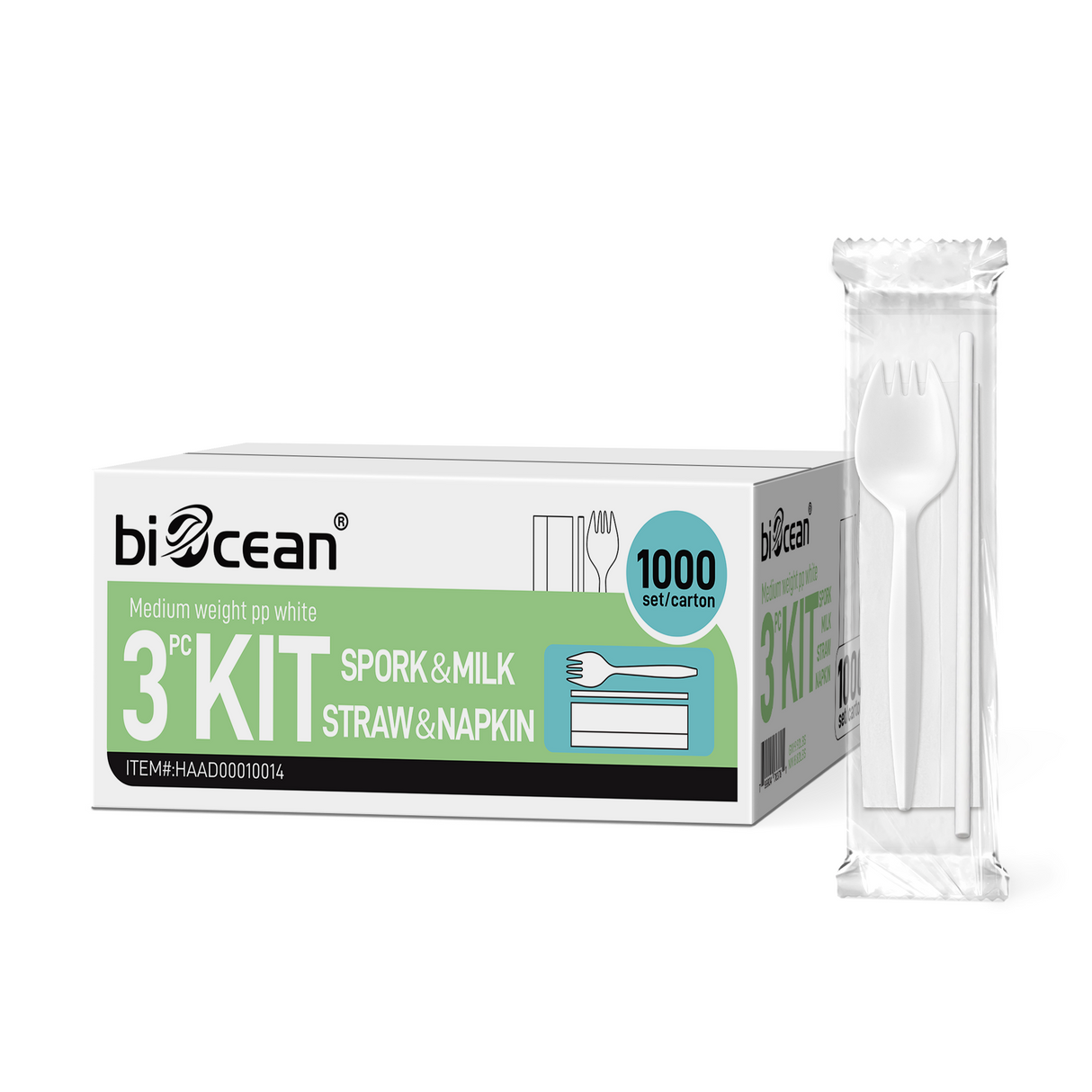 [1,000ct] PP Plastic Medium Weight Cutlery Kits (Spork, Straw,  Napkin) | White