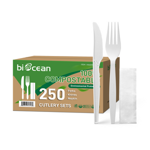 [250ct] PLA Heavy Weight Cutlery Kits (Knife, Fork, Napkin) | White