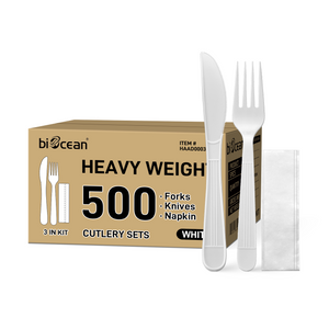 [500ct] PP Plastic Heavy Weight Cutlery Kits (Knife, Fork, Napkin) | White