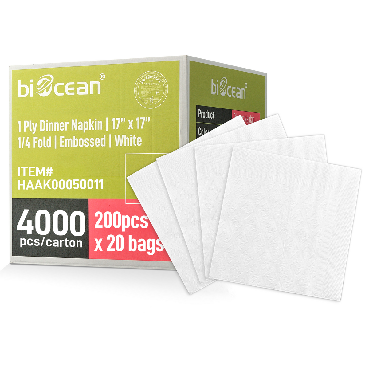 [4,000ct] 17" x 17"  1-Ply Dinner Napkins | 1/4 Fold | White