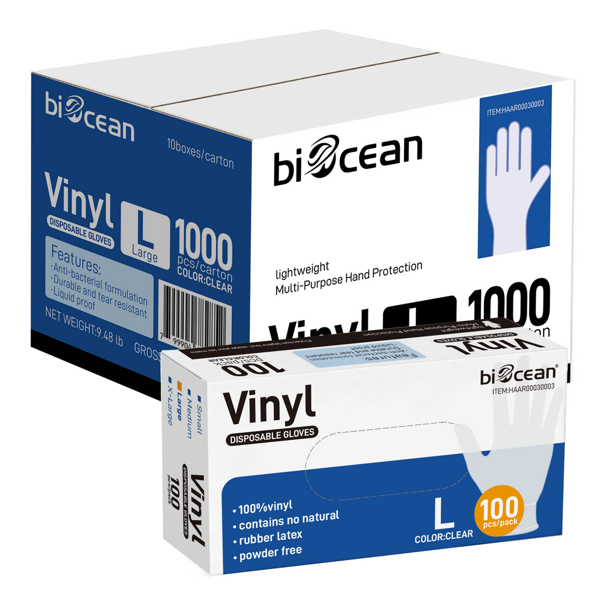 [1,000ct] Powder-Free  Vinyl Gloves | Large | Clear