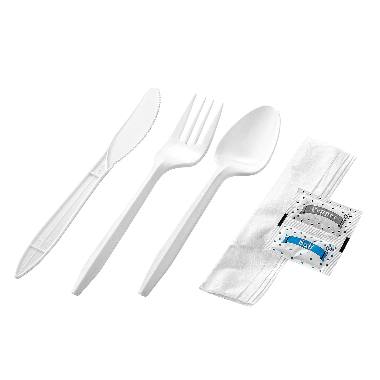 [250ct] PP Plastic Medium Weight Cutlery Kits with Salt and Pepper | White
