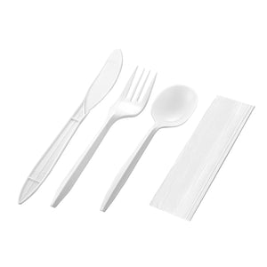 [250ct] PP Plastic Medium Weight Cutlery Kits (Knife,Fork,Soup Spoon,Napkin) | White