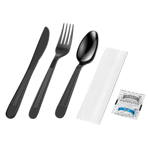 [250ct] PP Plastic Heavy Weight Cutlery Kits with Salt and Pepper | Black