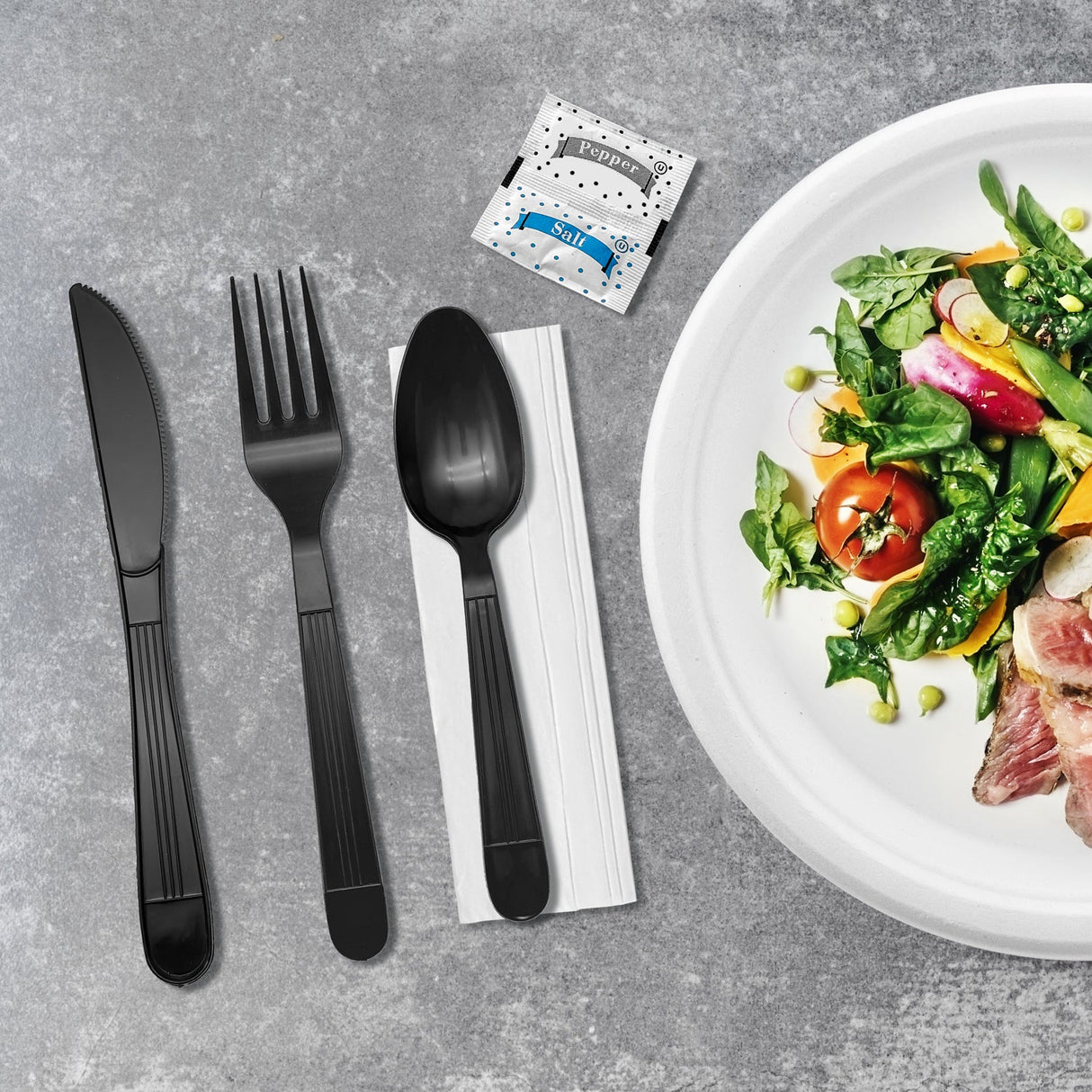 [250ct] PP Plastic Heavy Weight Cutlery Kits with Salt and Pepper | Black