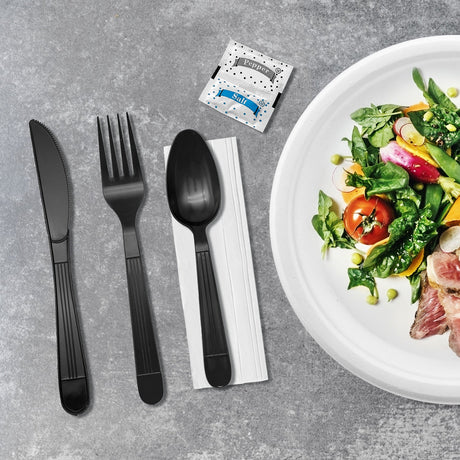 [250ct] PP Plastic Heavy Weight Cutlery Kits with Salt and Pepper | Black
