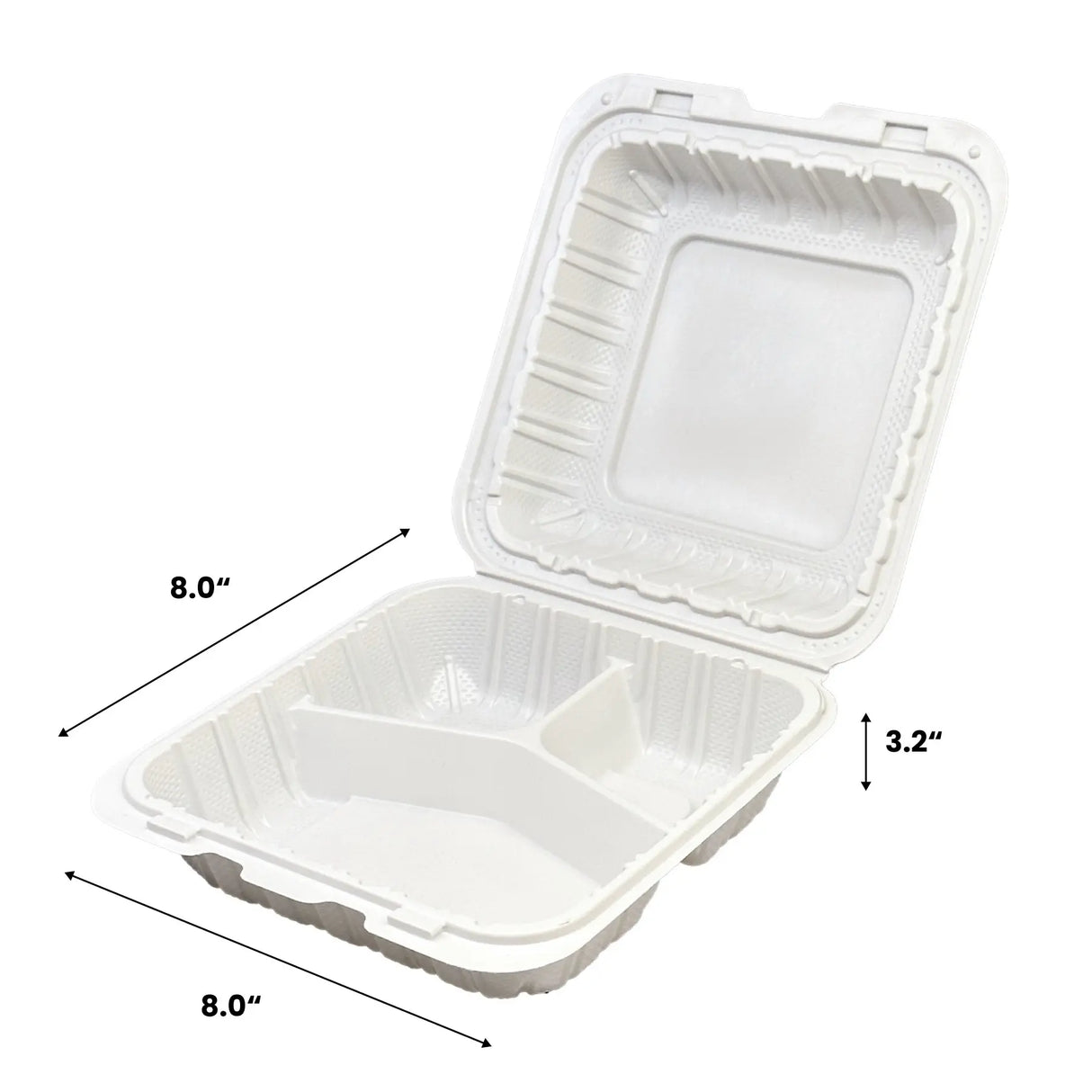 [150ct] 8"x 8" Mineral-Filled  PP Hinged Food Containers | 3-Compartment | White