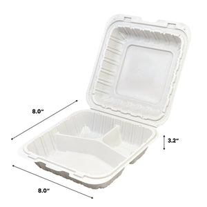 [150ct] 8"x 8" Mineral-Filled  PP Hinged Food Containers | 3-Compartment | White