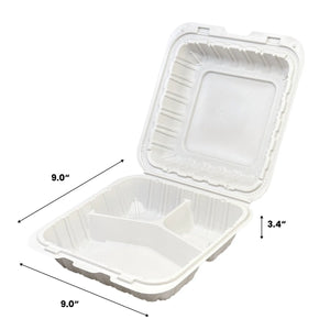[150ct] 9" x 9" Mineral-Filled PP Hinged Food Containers | 3-Compartment | White
